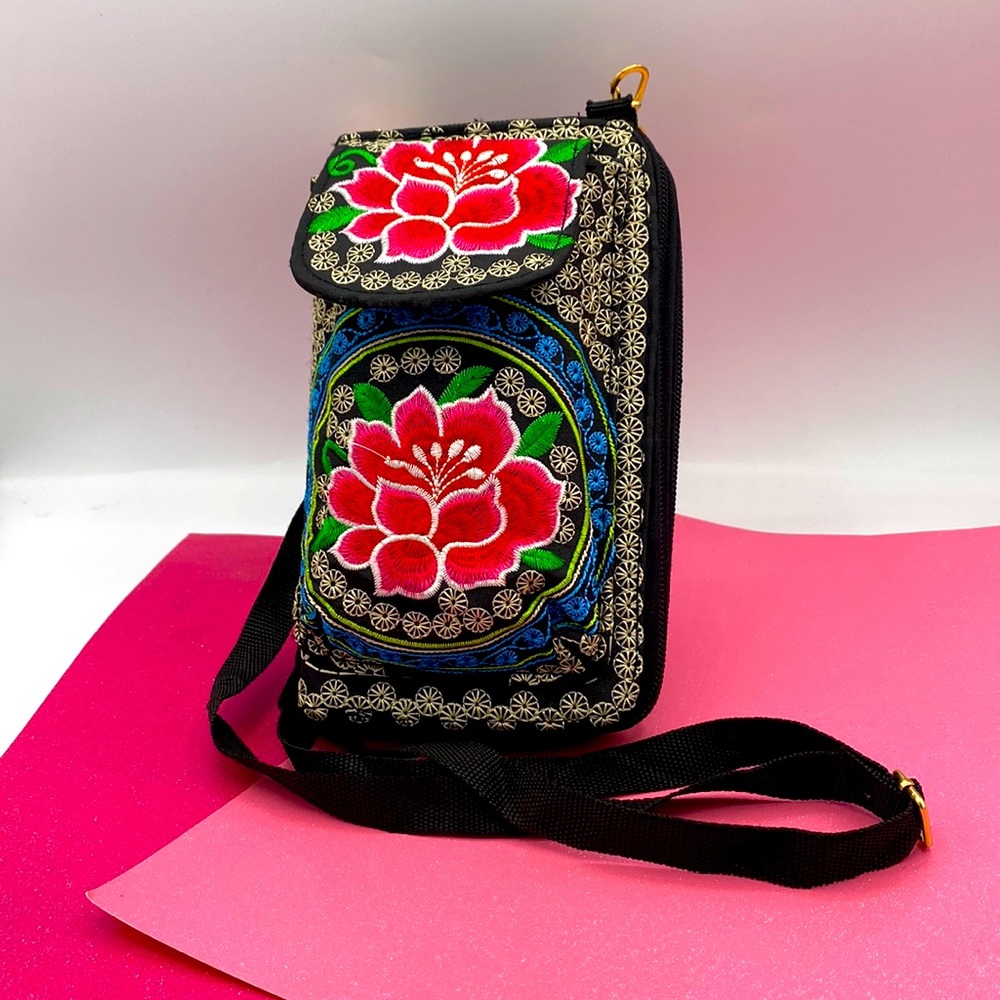 Floral Embroidery Cell Phone Wallet/ Purse